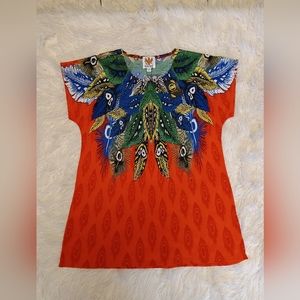 Ameri Mode Tunic Red Feathers Top Women's Size L/XL